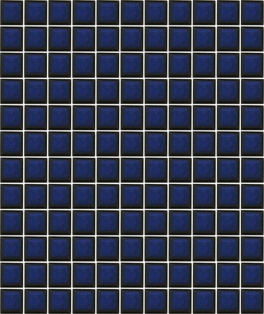 A sheet of square porcelain tiles with a glazed blue finish, arranged in a mosaic pattern.