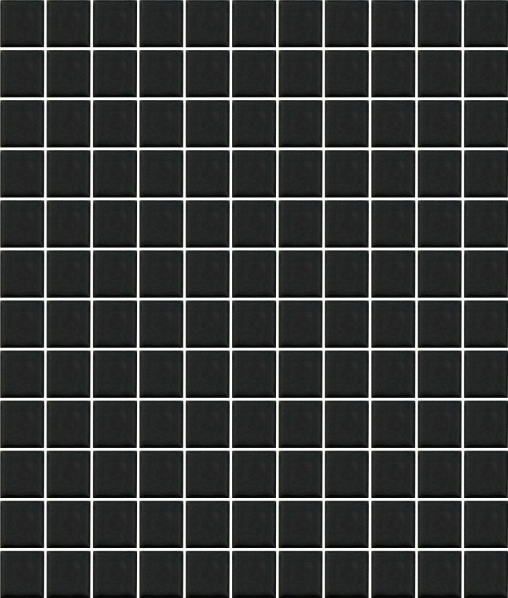 A sheet of square porcelain tiles with a glazed black finish, arranged in a mosaic pattern.