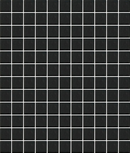A sheet of square porcelain tiles with a glazed black finish, arranged in a mosaic pattern.
