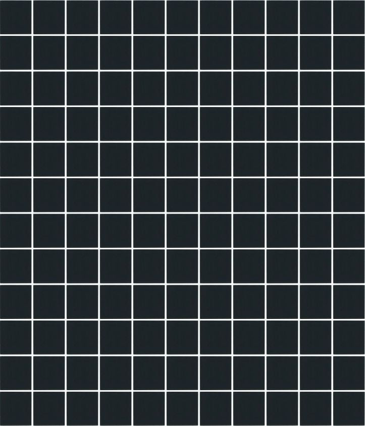 A sheet of square porcelain tiles with a glazed black finish, arranged in a mosaic pattern.