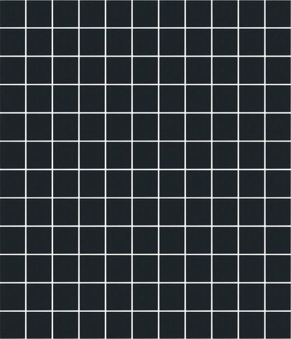 A sheet of square porcelain tiles with a glazed black finish, arranged in a mosaic pattern.